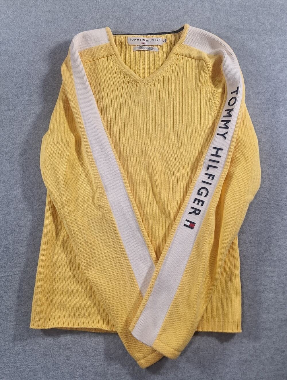 Tommy Hilfiger Women's Yellow V-Neck Sweater Raised Spellout Logo Sleeve L